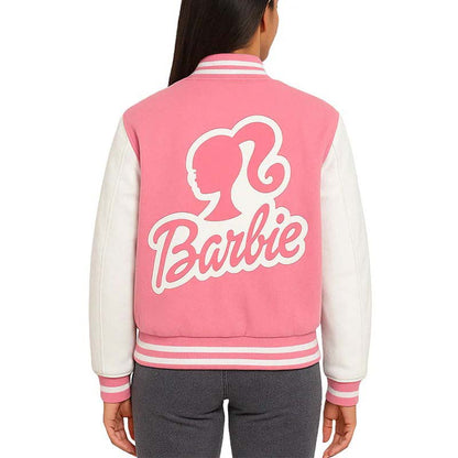 Women's Barbie Pink Varsity Bomber Jacket with White Sleeve Design