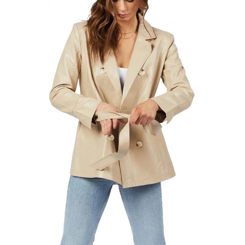 Women's Beige Sheepskin Leather Coat with Double Breasted Belted Design