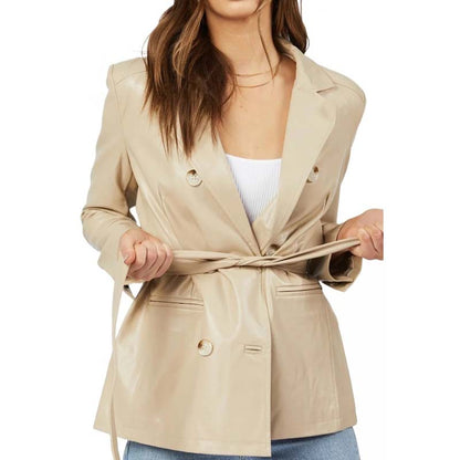 Women's Beige Sheepskin Leather Coat with Double Breasted Belted Design