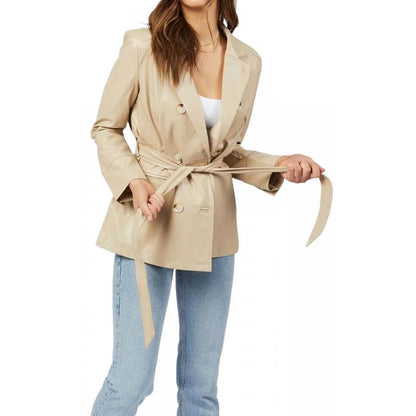 Women's Beige Sheepskin Leather Coat with Double Breasted Belted Design