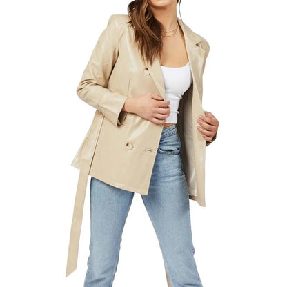 Women's Beige Sheepskin Leather Coat with Double Breasted Belted Design