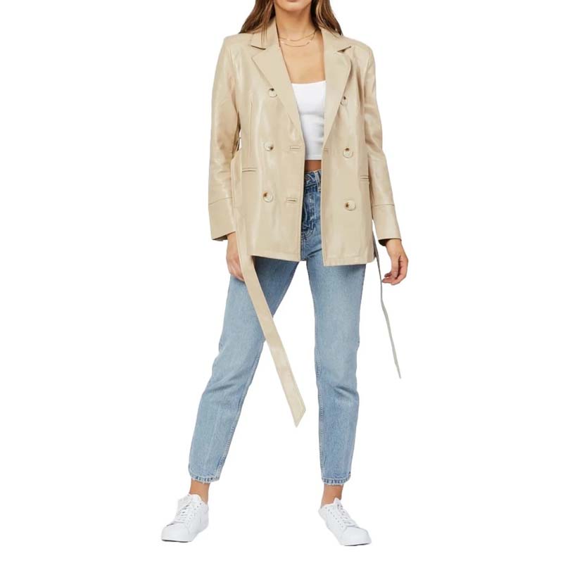 Women's Beige Sheepskin Leather Coat with Double Breasted Belted Design
