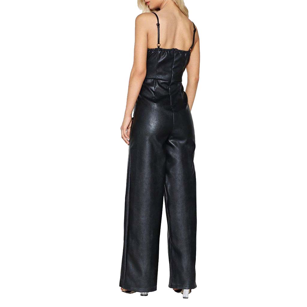 Women's Lambskin Leather Jumpsuit with Belted Waist and Spaghetti Straps
