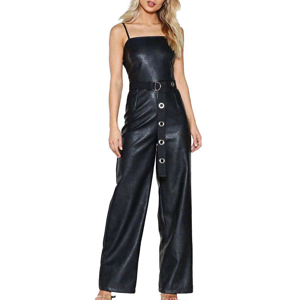 Women's Lambskin Leather Jumpsuit with Belted Waist and Spaghetti Straps
