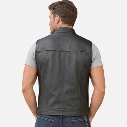 Best biker black leather vest for sale featuring sleeveless design and chest flap pockets by Glory Store US