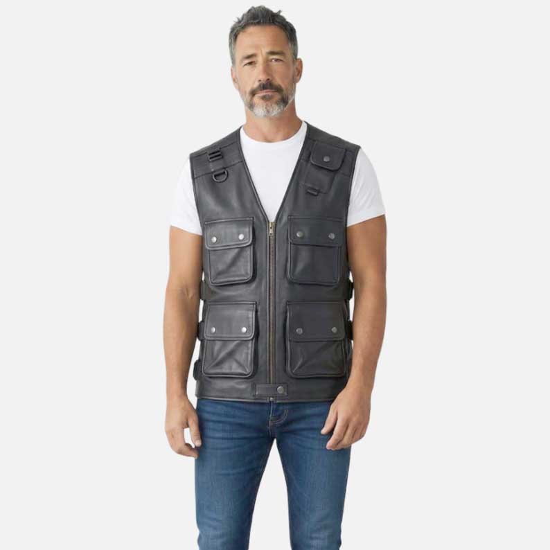 Best premium biker tactical black leather utility vest for men by Glory Store US