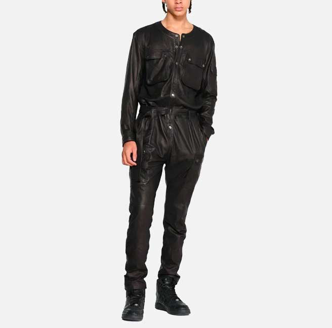 Best black cargo leather jumpsuit for sale by Glory Store US made from real lambskin leather