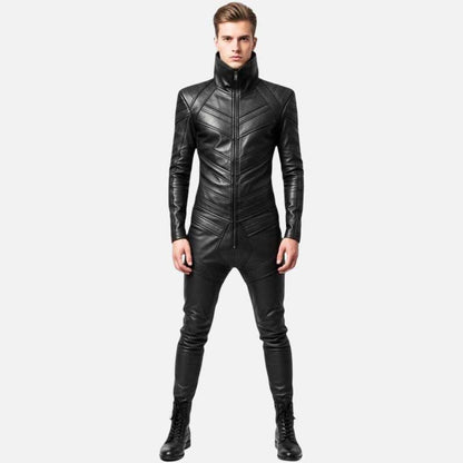 Best black handmade leather jumpsuit for sale by Glory Store US with geometric stitching design