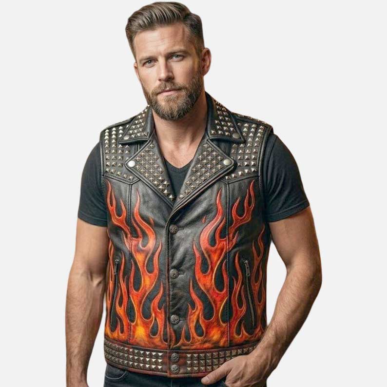 Best black hellfire skull leather biker vest for sale by Glory Store US studded gothic design