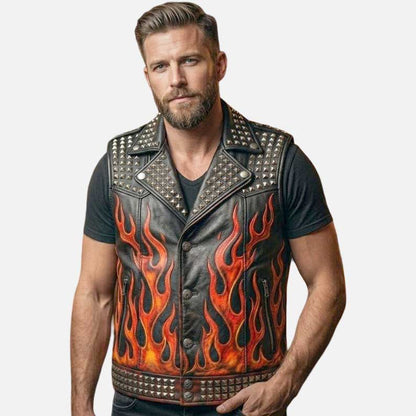 Best black hellfire skull leather biker vest for sale by Glory Store US studded gothic design