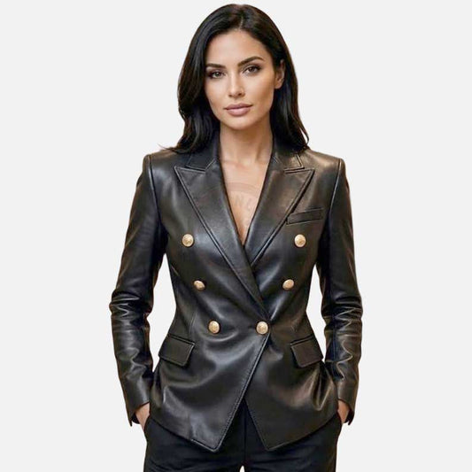 Best black lambskin double breasted leather blazer for sale by Glory Store US with gold tone buttons
