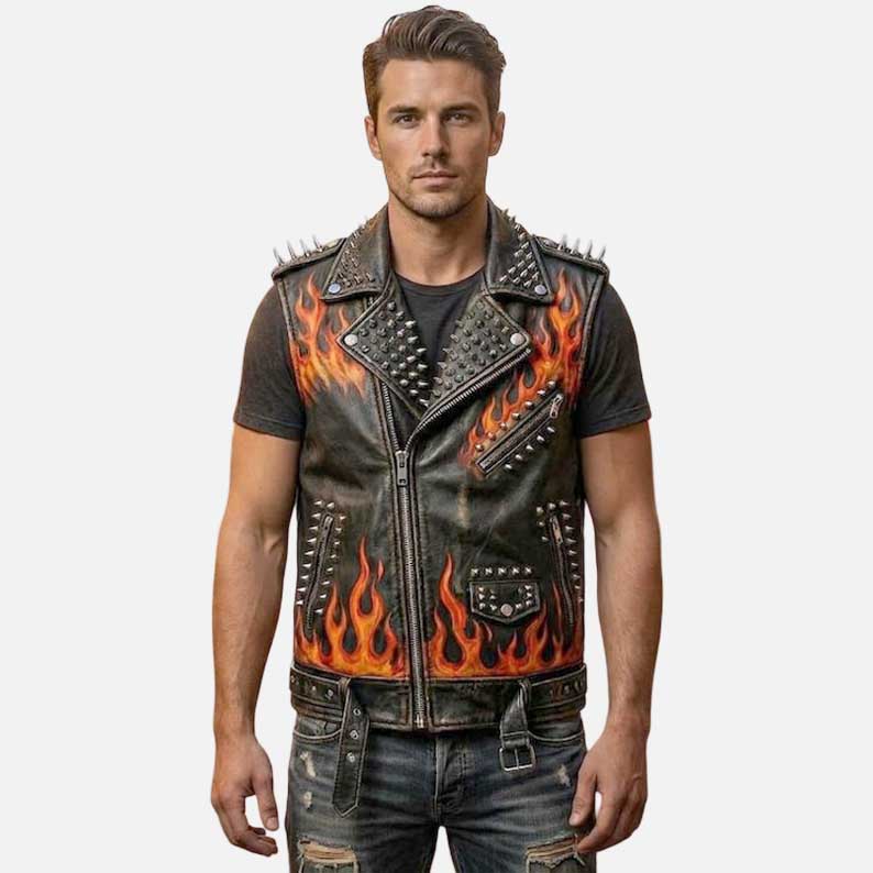 Best black leather punk vest for sale by Glory Store US with flame print and studded detailing