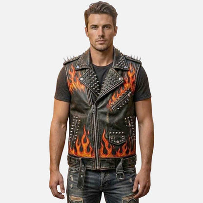 Best black leather punk vest for sale by Glory Store US with flame print and studded detailing
