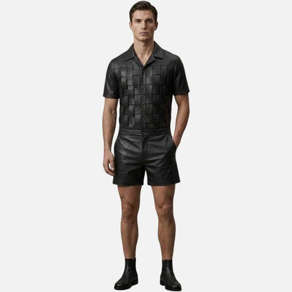 Best Black Leather Romper for sale by Glory Store US featuring woven panel designer streetwear style