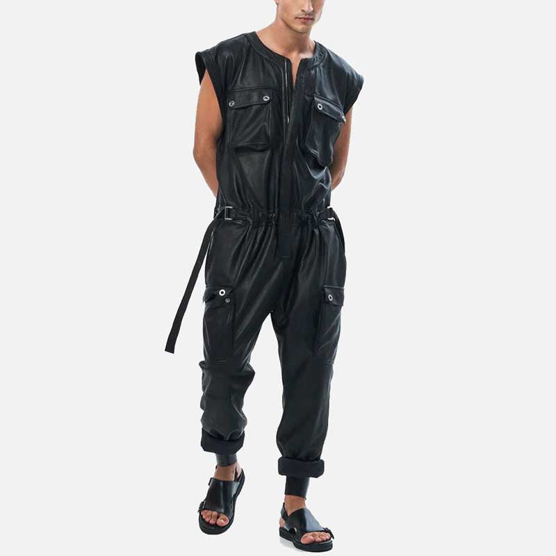 Best black leather street style jumpsuit for sale by Glory Store US sleeveless genuine leather design