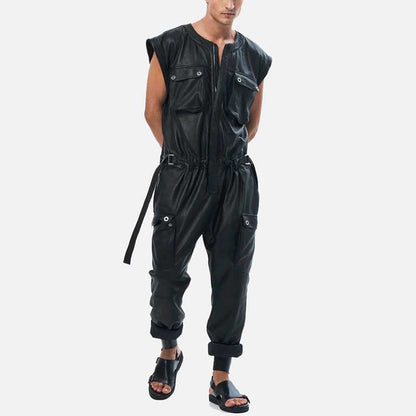 Best black leather street style jumpsuit for sale by Glory Store US sleeveless genuine leather design