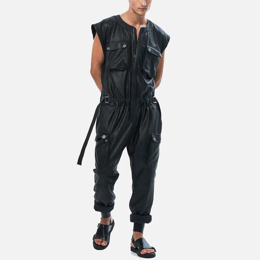 Best black leather street style jumpsuit for sale by Glory Store US sleeveless genuine leather design