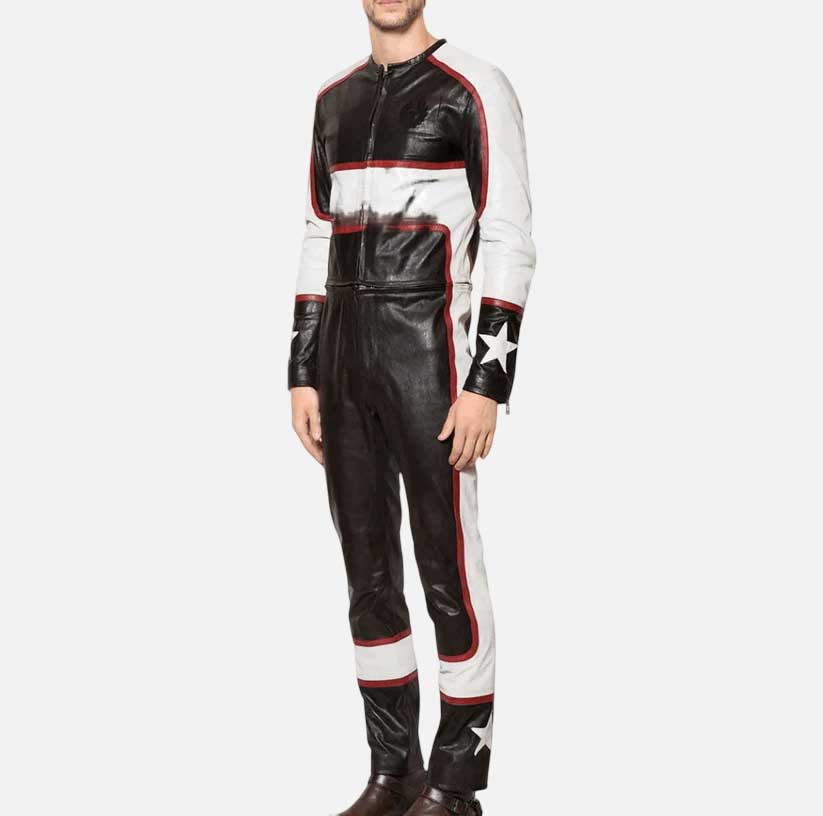 Best black racing leather jumpsuit for sale by Glory Store US distressed lambskin design