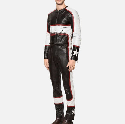 Best black racing leather jumpsuit for sale by Glory Store US distressed lambskin design
