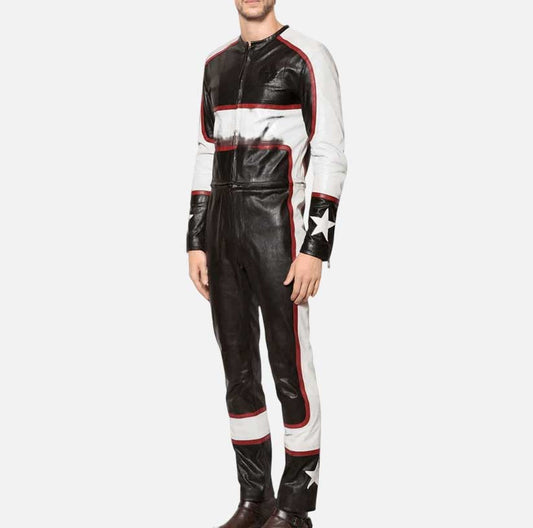 Best black racing leather jumpsuit for sale by Glory Store US distressed lambskin design