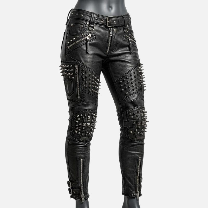 Best black studded leather pants for women with skinny biker fit and metal spike details
