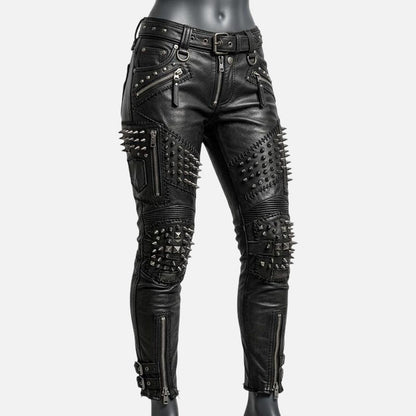 Best black studded leather pants for women with skinny biker fit and metal spike details