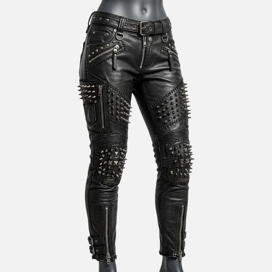 Best black studded leather pants for women with skinny biker fit and metal spike details