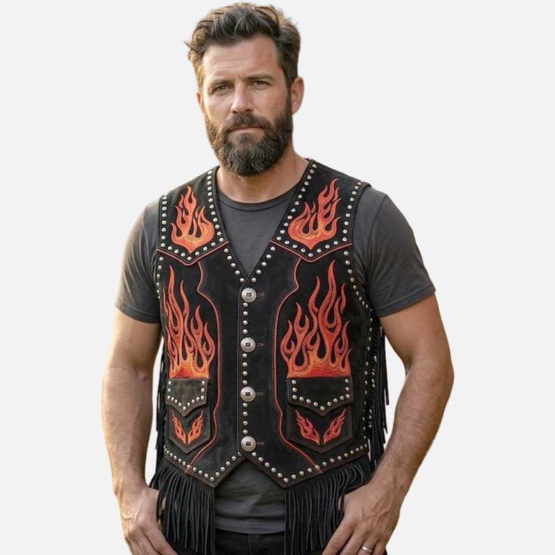 Best black suede fringe biker vest for sale by Glory Store US with red flame embroidery