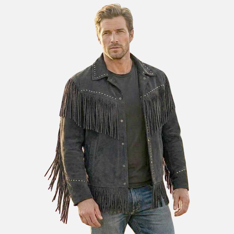 Best black suede fringe western jacket for men with long fringe and studded cowboy detailing