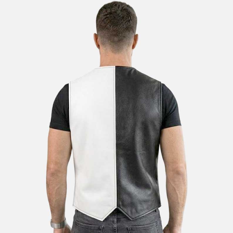 Best black and white leather biker vest for sale with asymmetrical zipper