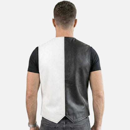 Best black and white leather biker vest for sale with asymmetrical zipper