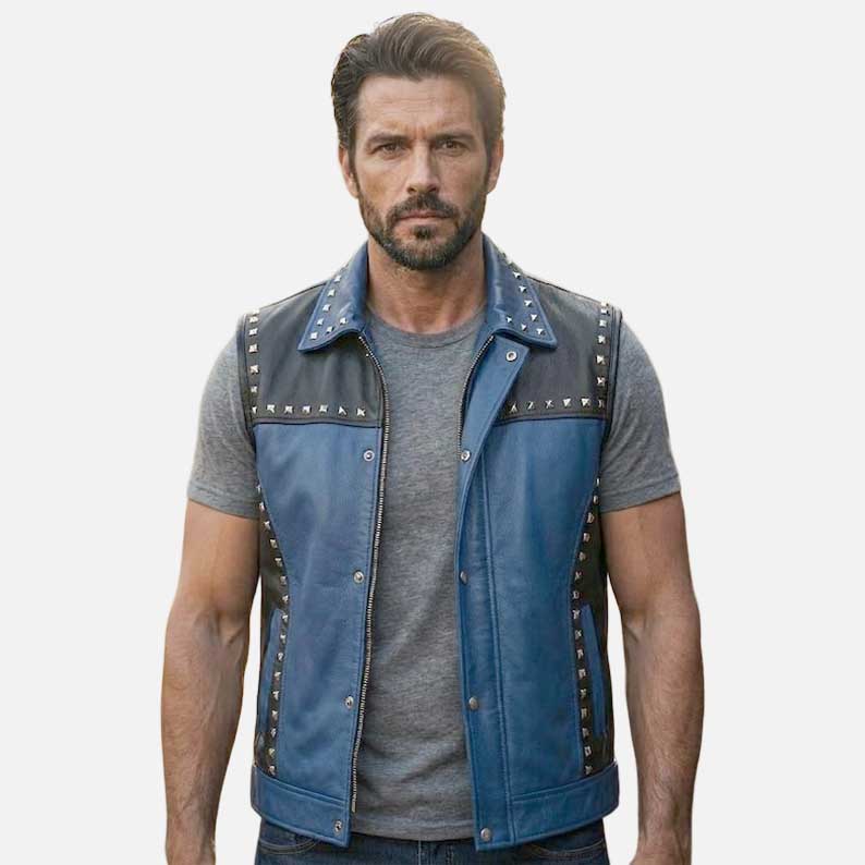 Best blue black studded leather biker vest for sale by Glory Store US two tone motorcycle style