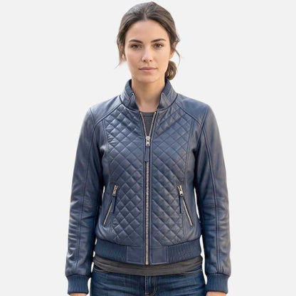 Best blue quilted leather bomber jacket for sale by Glory Store US diamond crisscross stitched design