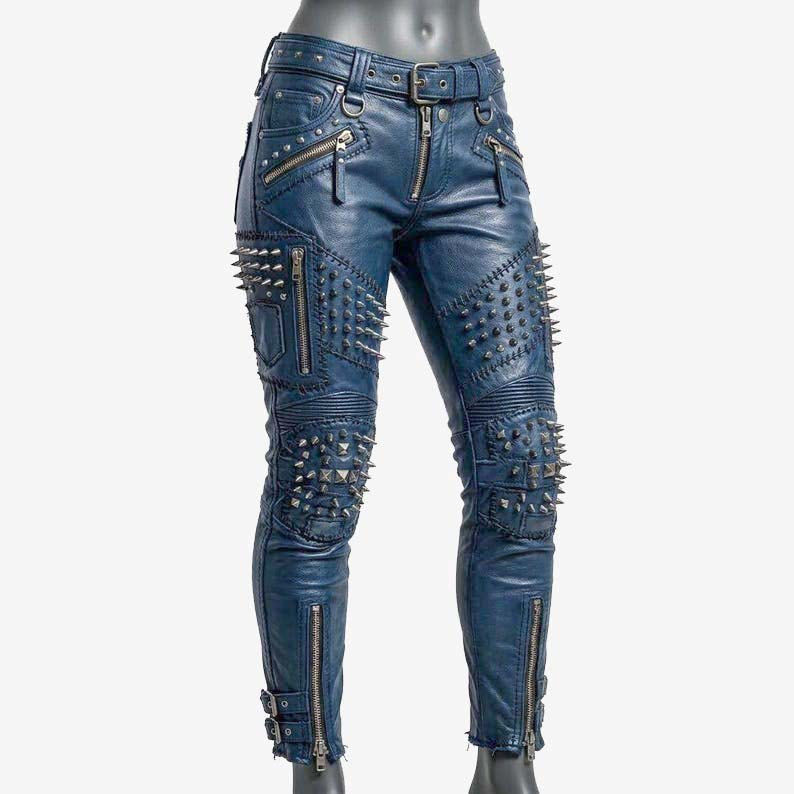Best blue studded leather pants for women with skinny biker fit and metal spike detailing