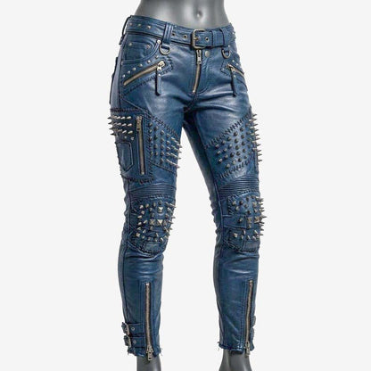 Best blue studded leather pants for women with skinny biker fit and metal spike detailing