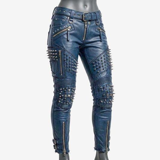 Best blue studded leather pants for women with skinny biker fit and metal spike detailing