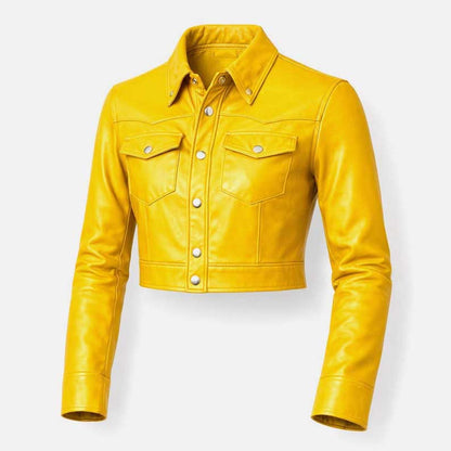 Best premium bright yellow cropped leather trucker jacket for women by Glory Store US