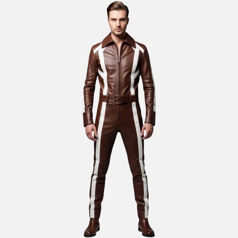 Best brown leather jumpsuit with white stripe detail for sale handcrafted by Glory Store US