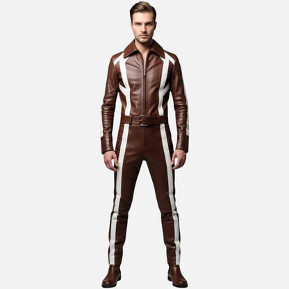 Best brown leather jumpsuit with white stripe detail for sale handcrafted by Glory Store US