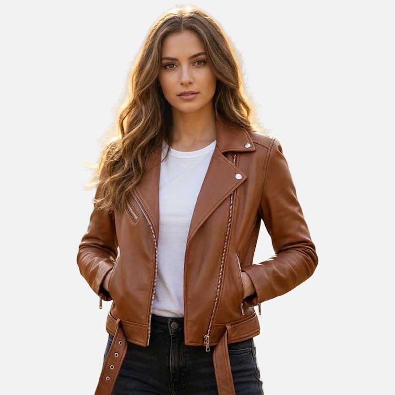 Best brown leather moto jacket for sale by Glory Store US soft minimalist everyday style
