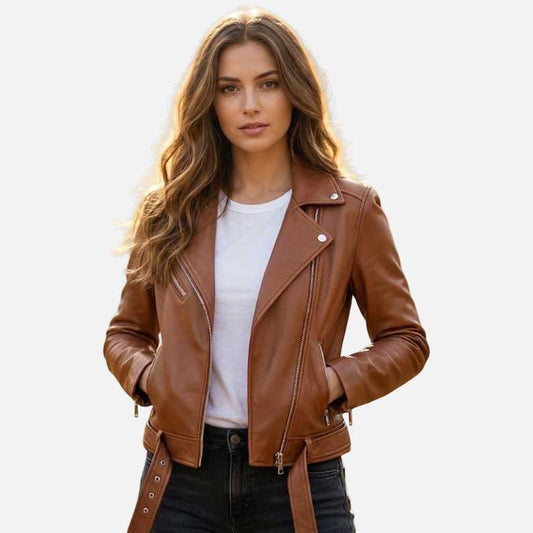 Best brown leather moto jacket for sale by Glory Store US soft minimalist everyday style