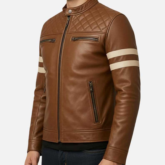 Best brown leather moto jacket for sale by Glory Store US with quilted shoulders and white sleeve stripes