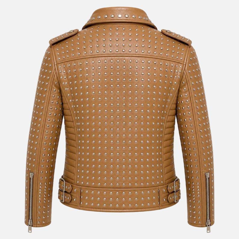 Best brown punk leather biker jacket for men with asymmetrical zipper and studded design
