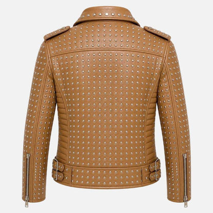 Best brown punk leather biker jacket for men with asymmetrical zipper and studded design