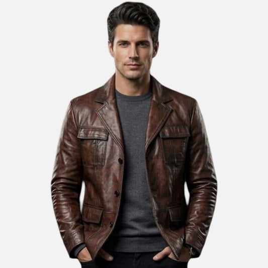 Best brown sheepskin leather blazer for sale by Glory Store US vintage Italian tailored style