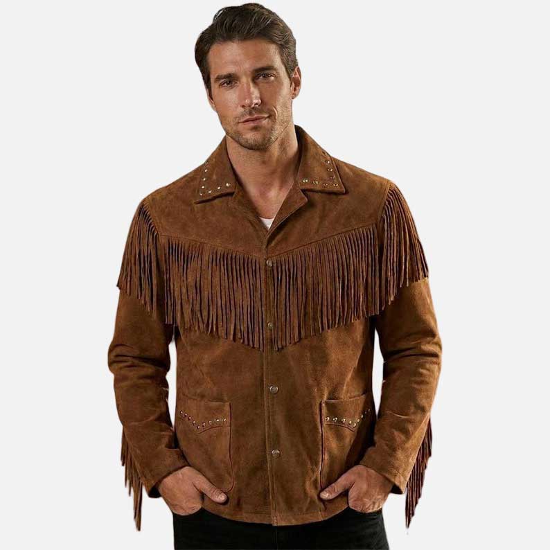 Best brown suede fringe western jacket for men with long studded fringe and cowboy design