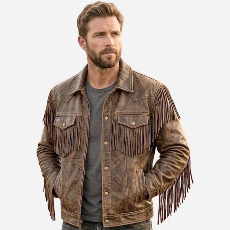 Best brown Western fringe leather jacket for sale by Glory Store US with premium cowboy ranch design