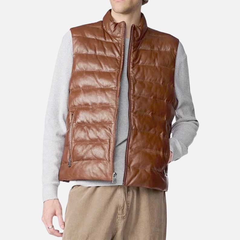 Best stylish cognac leather puffer vest for men lightweight design