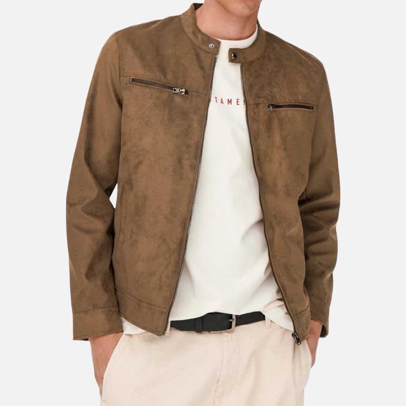 Best stylish cognac suede leather jacket round neck design