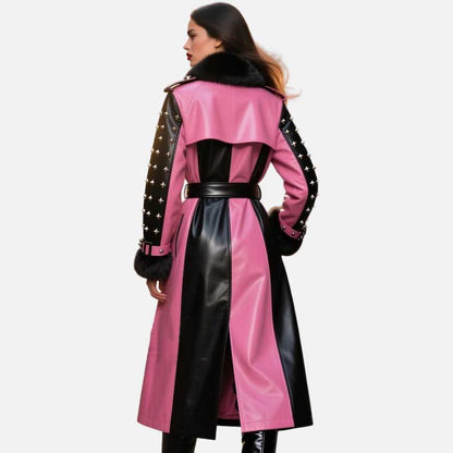 Best designer leather trench coat for women with faux fur collar and stud detailing by Glory Store US
